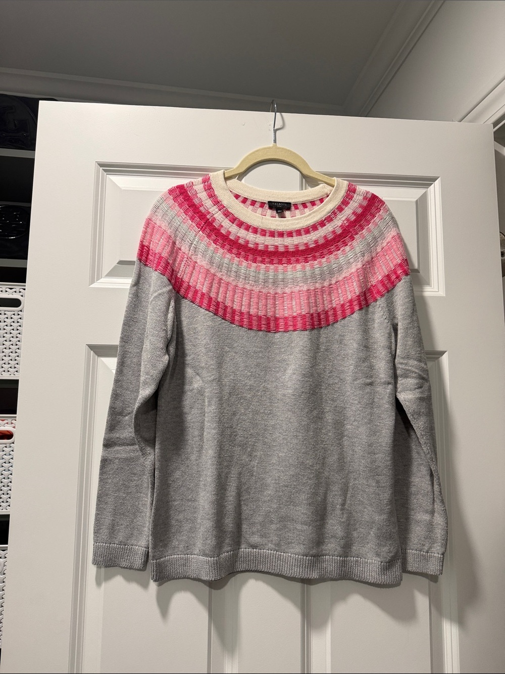 Talbots Gray Sweater with Pink Striped Yoke Medium Petite